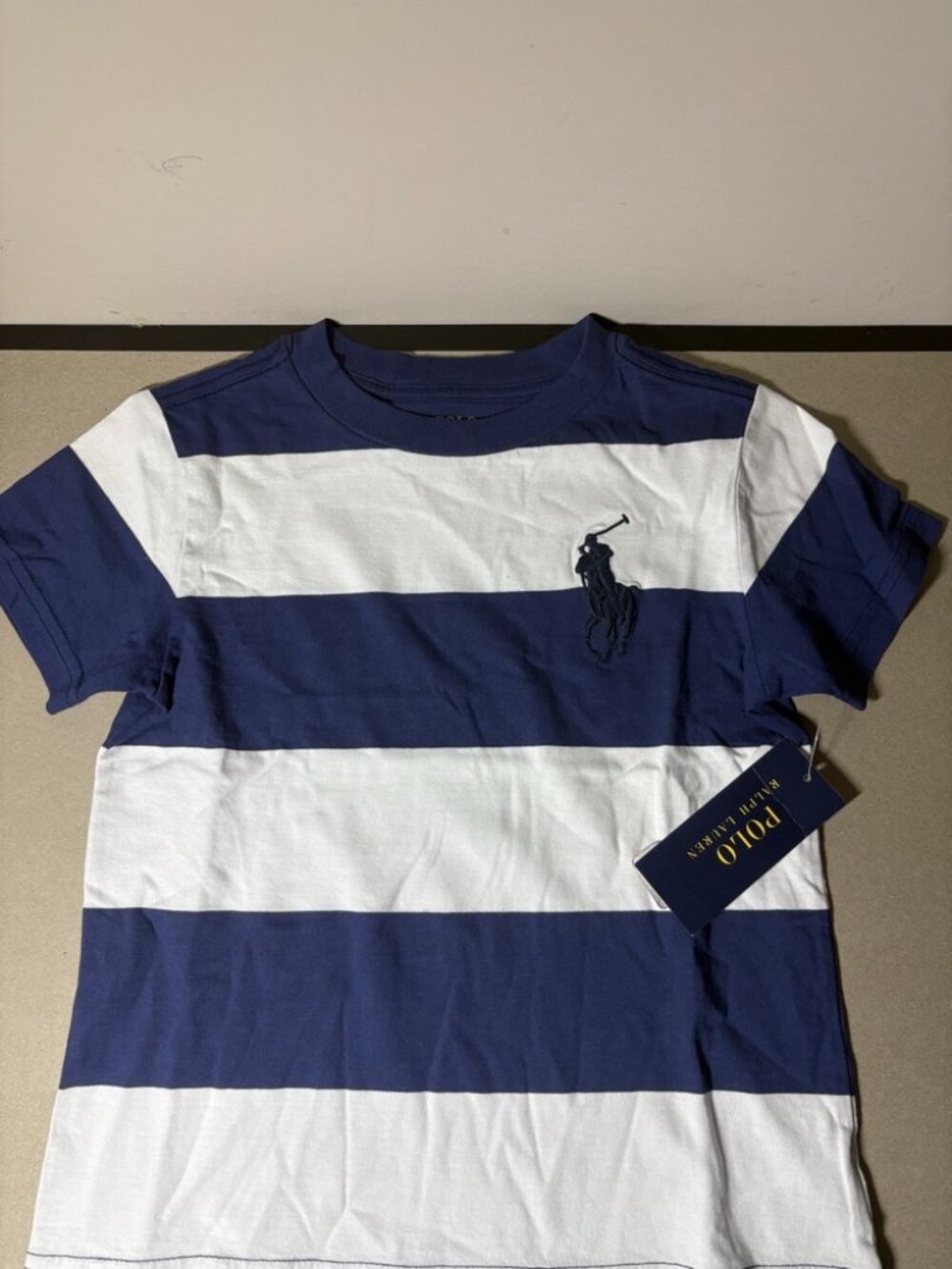 Polo Ralph Lauren Boys Navy & White Striped Big Pony T-Shirt
